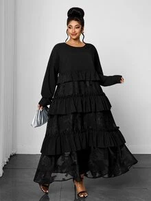 Maweii Plus Size Women's Round Neck Long Sleeve Cake Skirt Mesh Jacquard Patchwork Ruffle Hem Loose Mid-Length A-Line Commuter Long Dress - Black - View 1