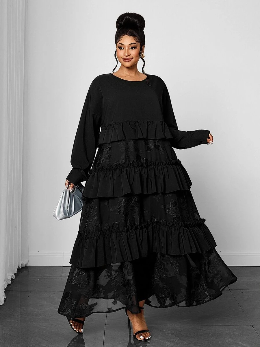 Maweii Plus Size Women's Round Neck Long Sleeve Cake Skirt Mesh Jacquard Patchwork Ruffle Hem Loose Mid-Length A-Line Commuter Long Dress - Black - View 1