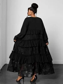Maweii Plus Size Women's Round Neck Long Sleeve Cake Skirt Mesh Jacquard Patchwork Ruffle Hem Loose Mid-Length A-Line Commuter Long Dress - Black - View 4