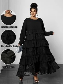 Maweii Plus Size Women's Round Neck Long Sleeve Cake Skirt Mesh Jacquard Patchwork Ruffle Hem Loose Mid-Length A-Line Commuter Long Dress - Black - View 3