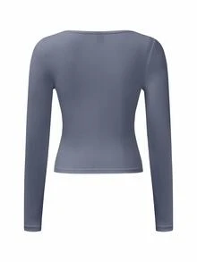 Zavorell Women Casual Solid Color Crew Neck Fitted Long Sleeve T-Shirt, Autumn Fall Cloth For Women - Blue - View 7