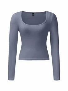 Zavorell Women Casual Solid Color Crew Neck Fitted Long Sleeve T-Shirt, Autumn Fall Cloth For Women - Blue - View 8