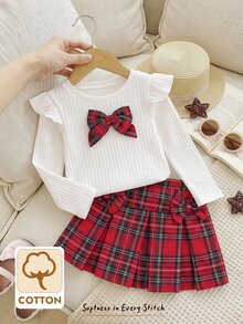 Cozy Pixies Baby Girl Knit Solid Color Round Neck Ruffle Plaid Bow T-Shirt And Plaid Skirt 2 Pieces Set - Multicolor - View 3
