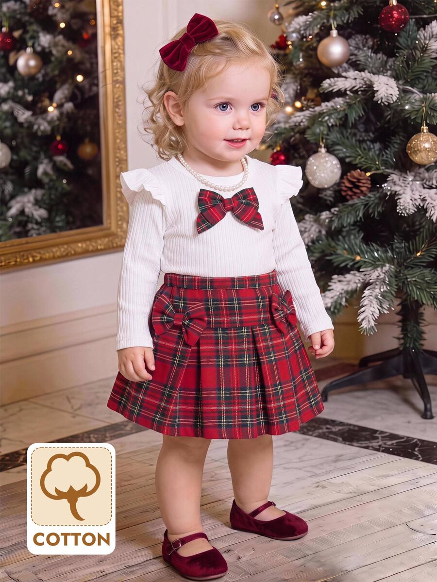 Cozy Pixies Baby Girl Knit Solid Color Round Neck Ruffle Plaid Bow T-Shirt And Plaid Skirt 2 Pieces Set - Multicolor - View 1