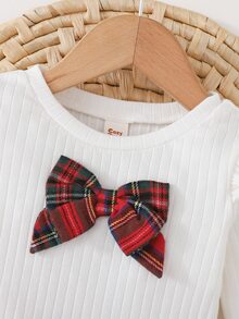Cozy Pixies Baby Girl Knit Solid Color Round Neck Ruffle Plaid Bow T-Shirt And Plaid Skirt 2 Pieces Set - Multicolor - View 7