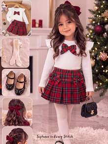Cozy Pixies Baby Girl Knit Solid Color Round Neck Ruffle Plaid Bow T-Shirt And Plaid Skirt 2 Pieces Set - Multicolor - View 8