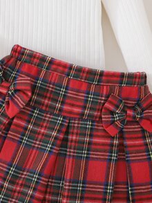 Cozy Pixies Baby Girl Knit Solid Color Round Neck Ruffle Plaid Bow T-Shirt And Plaid Skirt 2 Pieces Set - Multicolor - View 5