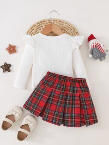 Cozy Pixies Baby Girl Knit Solid Color Round Neck Ruffle Plaid Bow T-Shirt And Plaid Skirt 2 Pieces Set - Multicolor - View 2