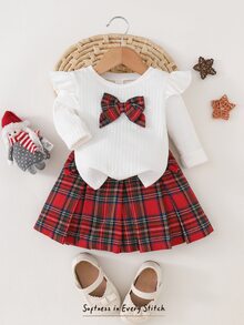 Cozy Pixies Baby Girl Knit Solid Color Round Neck Ruffle Plaid Bow T-Shirt And Plaid Skirt 2 Pieces Set - Multicolor - View 4