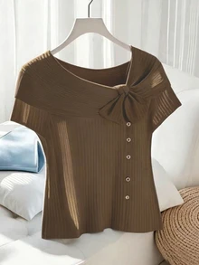 GlowEve Women's Casual Solid Color Asymmetric Bow Decor T-Shirt, Summer - Coffee Brown - View 3