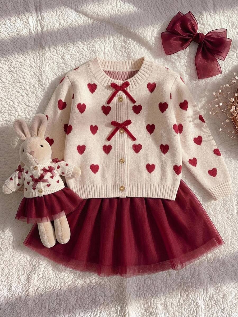 SHEIN 女童針織開襟衫 秋冬款 心形圖案 修身圓領毛衣外套 - 卡其色 - 查看 1