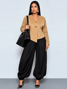 SOLERSUN Women Casual Wool-Look Coat, Elegant Commuter Camel V Neck Asymmetrical Hem Button Long Sleeve Slim Outerwear Fall, Suitable For Office & Daily Wear - Khaki - View 5