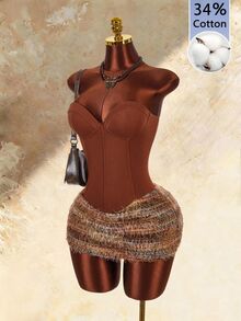 Amplova Summer Sexy Bandage Colorblock Patchwork Bandeau Mini Dress Night Out Club Brown - Brown - View 4