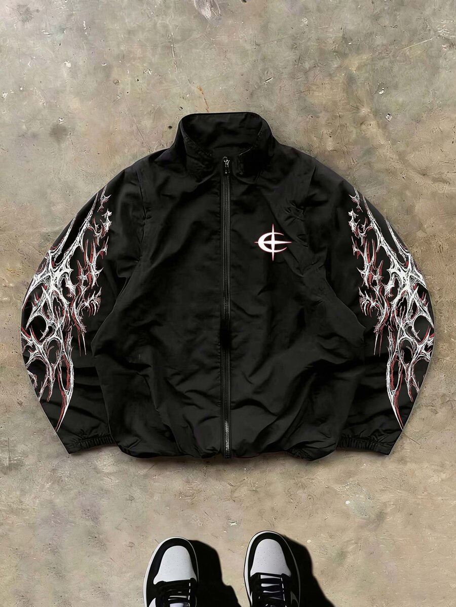Gym Rark Men's Fashion Contrast Color Print Stand Collar Sports Jacket, Lightweight, Gym - Black - View 1