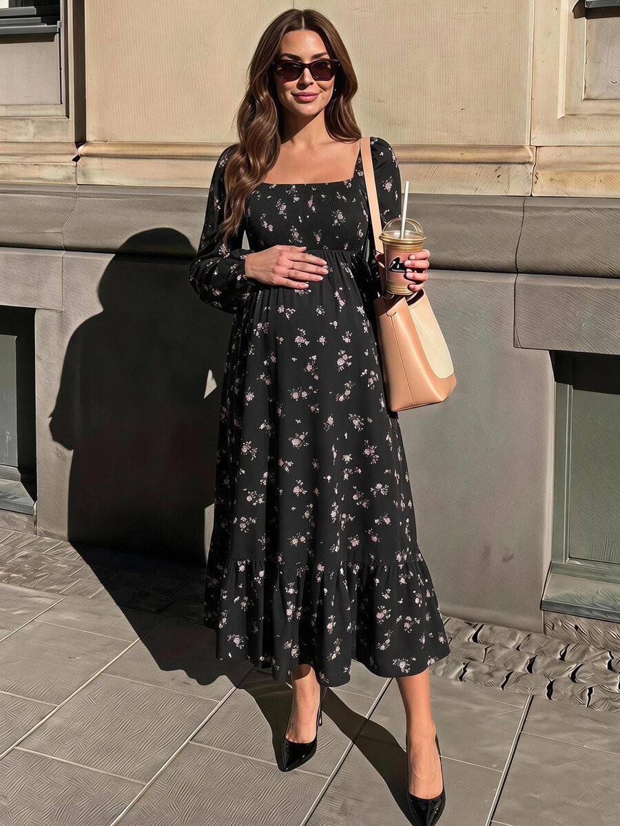 SHEIN Maternity Floral Print Long Sleeve Vacation Dress For Daily Wear - Pink - View 1