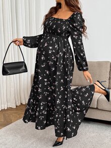 SHEIN Maternity Floral Print Long Sleeve Vacation Dress For Daily Wear - Pink - View 3