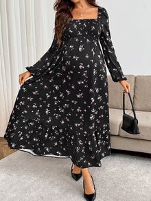 SHEIN Maternity Floral Print Long Sleeve Vacation Dress For Daily Wear - Pink - View 5
