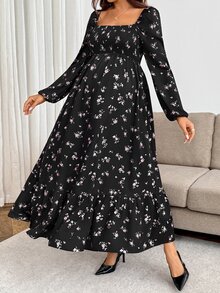 SHEIN Maternity Floral Print Long Sleeve Vacation Dress For Daily Wear - Pink - View 4