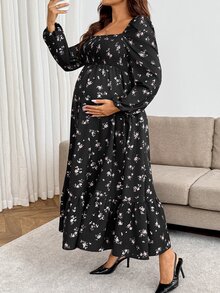 SHEIN Maternity Floral Print Long Sleeve Vacation Dress For Daily Wear - Pink - View 7