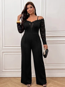 Femmeverse Plus Size Women's Spring/Autumn Fashion Elegant Off Shoulder Design V-Neck Lace Trim Patchwork Long Sleeve Knit Straight Leg Jumpsuit Fall - Black - View 7