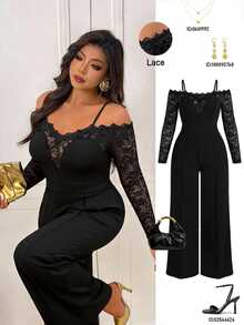 Femmeverse Plus Size Women's Spring/Autumn Fashion Elegant Off Shoulder Design V-Neck Lace Trim Patchwork Long Sleeve Knit Straight Leg Jumpsuit Fall - Black - View 1