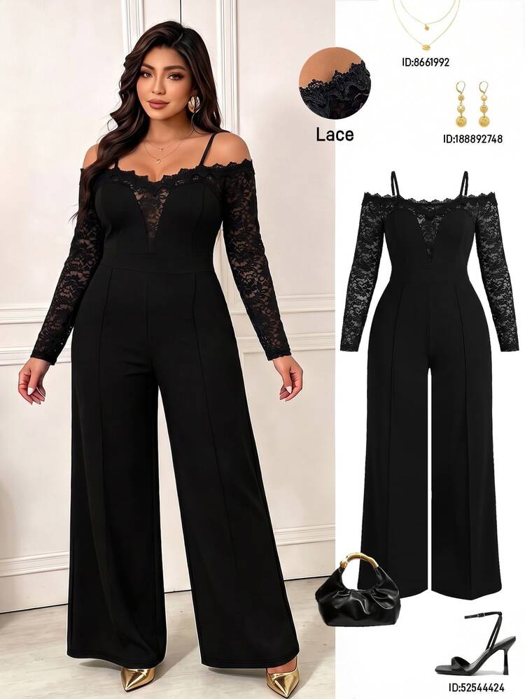 Femmeverse Plus Size Women's Spring/Autumn Fashion Elegant Off Shoulder Design V-Neck Lace Trim Patchwork Long Sleeve Knit Straight Leg Jumpsuit Fall - Black - View 6