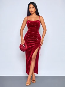 SOLERSUN Gaun Midi Cami Berkilau, Gaun Beludru dengan Tali Bahu Tipis, Detail Kerut di Samping, Tali Serut, Belahan Tinggi, Warna Merah Tua untuk Wanita, Pesta Malam Hari, Musim Gugur, Seksi - Merah - View 8