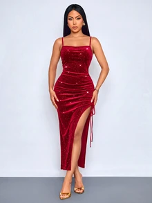 SOLERSUN Gaun Midi Cami Berkilau, Gaun Beludru dengan Tali Bahu Tipis, Detail Kerut di Samping, Tali Serut, Belahan Tinggi, Warna Merah Tua untuk Wanita, Pesta Malam Hari, Musim Gugur, Seksi - Merah - View 5