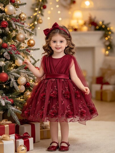 SHEIN Glamorique Kids فستان شبكي مطرز باللون العنابي مع تطريز زهور ثلاثية الأبعاد، شال، فستان أميرة زهور للزفاف، حفلة المساء، عيد الميلاد، المناسبات الرسمية