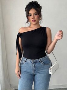 Elenzga Camiseta ajustada de mujer talla grande de unicolor y cuello asimétrico, para verano - Negro - Ver 4