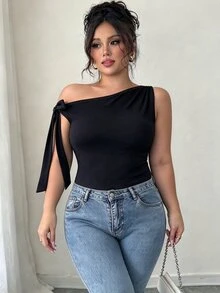 Elenzga Camiseta ajustada de mujer talla grande de unicolor y cuello asimétrico, para verano - Negro - Ver 5
