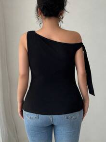 Elenzga Camiseta ajustada de mujer talla grande de unicolor y cuello asimétrico, para verano - Negro - Ver 2