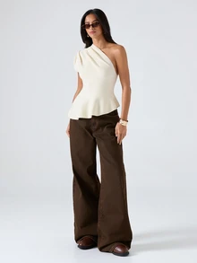 LYSMO 2025 New Arrive Minimalism Summer Women's Solid Color Asymmetric Neckline Ruched Elegant Knit Top New Year New Year Look Brunch Going Out Cream White - Beige - View 6