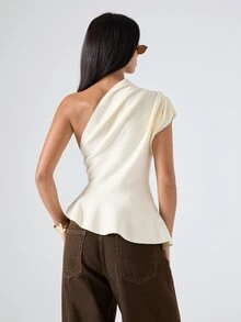 LYSMO 2025 New Arrive Minimalism Summer Women's Solid Color Asymmetric Neckline Ruched Elegant Knit Top New Year New Year Look Brunch Going Out Cream White - Beige - View 2
