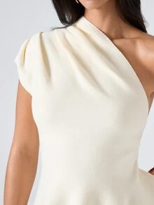 LYSMO 2025 New Arrive Minimalism Summer Women's Solid Color Asymmetric Neckline Ruched Elegant Knit Top New Year New Year Look Brunch Going Out Cream White - Beige - View 7
