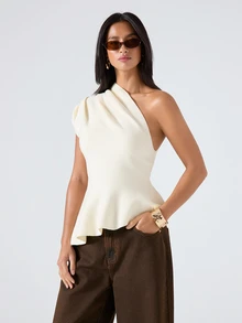 LYSMO 2025 New Arrive Minimalism Summer Women's Solid Color Asymmetric Neckline Ruched Elegant Knit Top New Year New Year Look Brunch Going Out Cream White - Beige - View 4