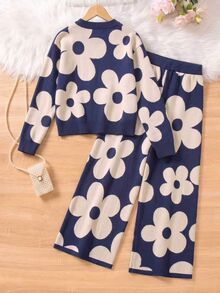Girls' Autumn/Winter Fashion Pattern Jacquard Knit Sweater Long Sleeve Pullover & Long Pants Set - Blue - View 2