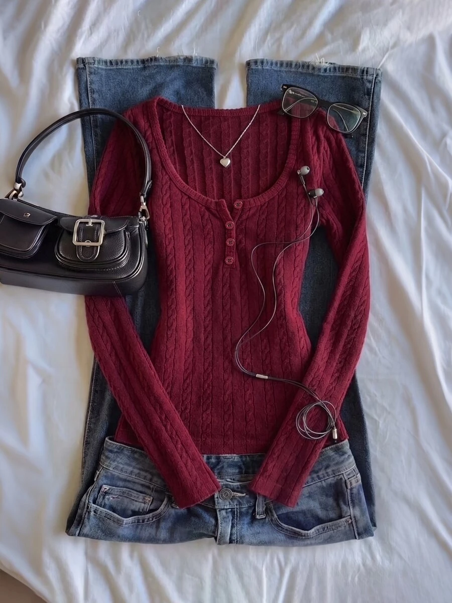 IslaSuriya Atasan Lengan Panjang Kasual Serbaguna Wanita Warna Polos Model Slim Fit - Burgundy - View 1