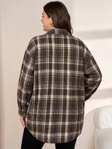 SHEIN LUNE 大尺碼極簡主義 1950年代復古 1920年代 90年代 80年代休閒格紋單排扣長袖襯衫 返校季 早午餐 辦公室 棕色 秋季 - 彩色 - 查看 2
