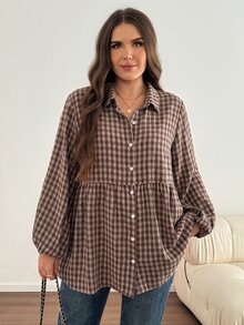 Easowa Curve 大尺碼極簡休閒格紋單排扣長袖襯衫 秋季 - 咖啡棕 - 查看 5