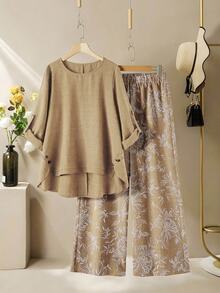 Lacomfia Women's Round Neck Long Sleeve Loose Wide Leg Printed Casual Comfortable Plus Size 2 Pieces Set Fall - Apricot - View 3