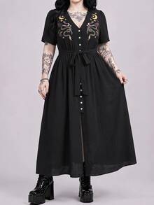 ROMWE Gothic Style Summer Vacation Snake Skin & Floral Print Deep V-Neck High Slit Plus Size Dress For Women - Black - View 1