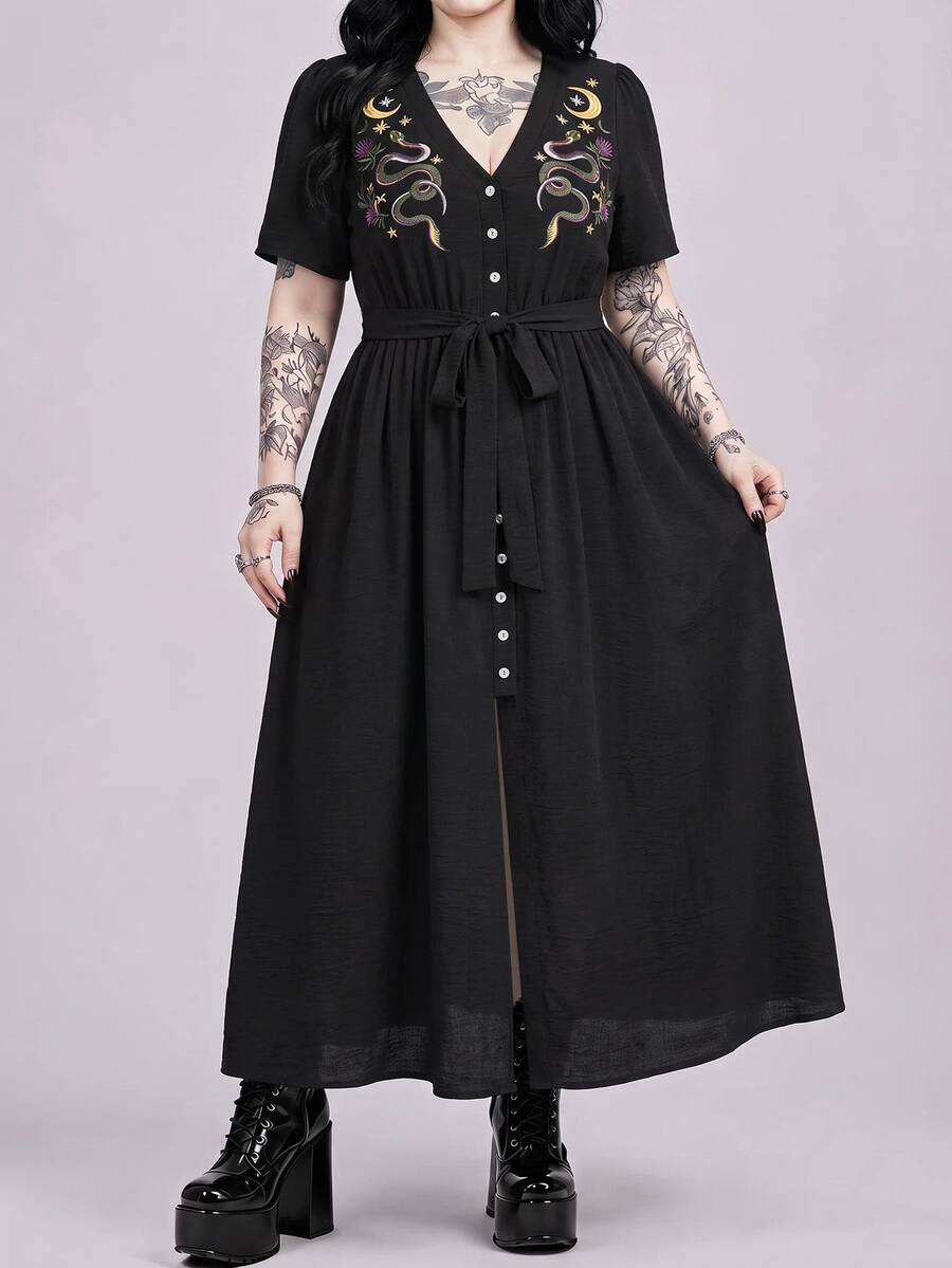 ROMWE Gothic Style Summer Vacation Snake Skin & Floral Print Deep V-Neck High Slit Plus Size Dress For Women - Black - View 1