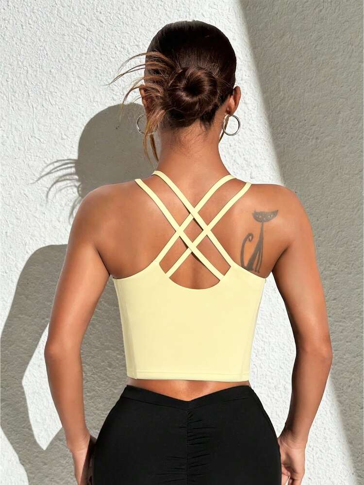 Eassivo Eassivo Butter Yellow Sports Bra For Workout,White And Yellow Summer Athleisure Gym Crop Top With Built-In Bra,Backless Cross Back Push Up Fitted Shirt - Yellow - View 4