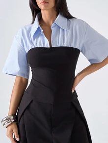 LYSMO Women's Colorblock Short Sleeve Button Design Slim Fit Fashion Shirt - Multicolor - View 7