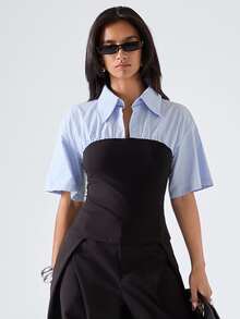 LYSMO Women's Colorblock Short Sleeve Button Design Slim Fit Fashion Shirt - Multicolor - View 1
