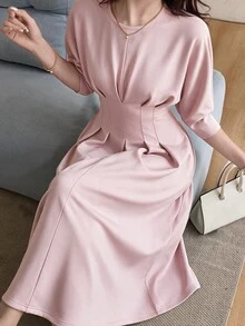 Feyla 女款優雅純色收腰通勤洋裝，秋季 - 粉色 - 查看 2