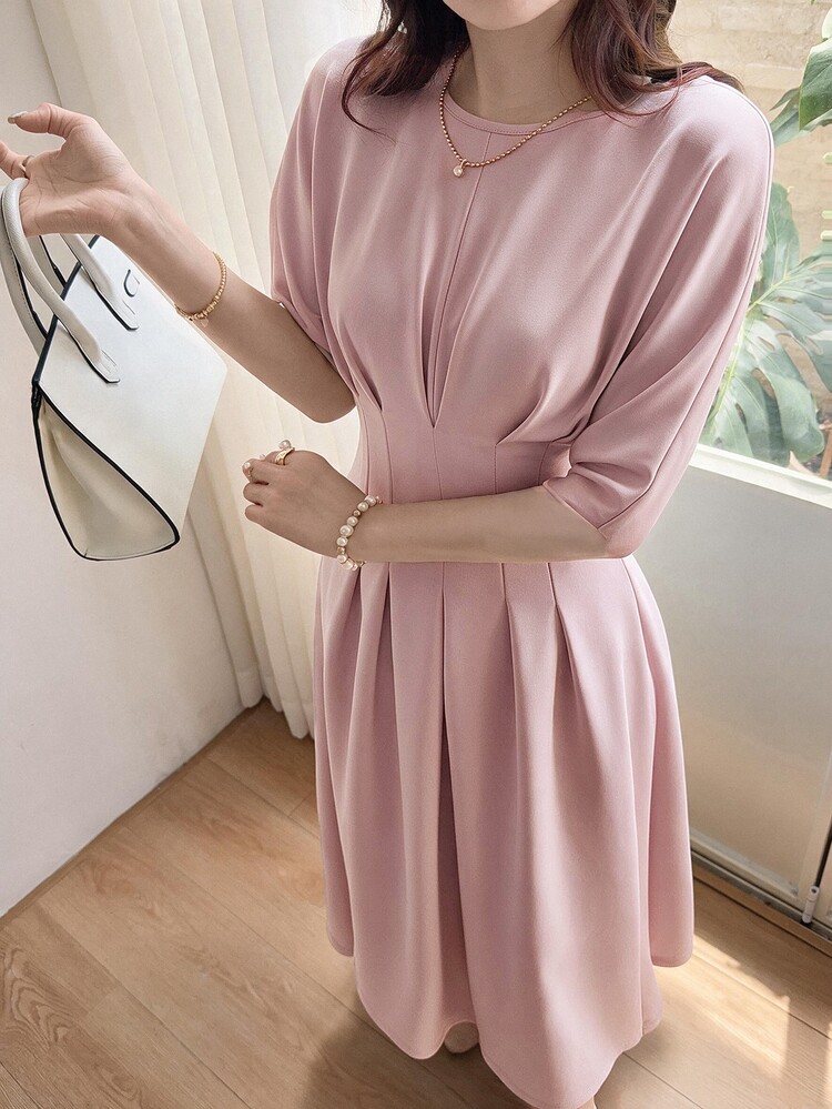 Feyla Women's Elegant Solid Color Waist-Cinching Dress Commuter , Fall - Pink - View 4