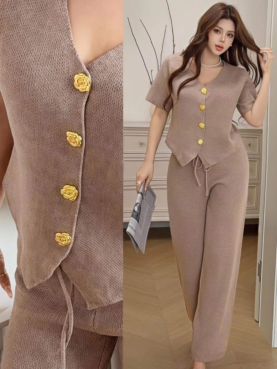 Feyla V-Neck Floral Gold Button Short Sleeve Knit Cardigan And High Waist Casual Pants 2 Pieces Set - Khaki - View 1