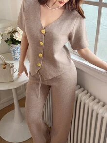 Feyla V-Neck Floral Gold Button Short Sleeve Knit Cardigan And High Waist Casual Pants 2 Pieces Set - Khaki - View 2